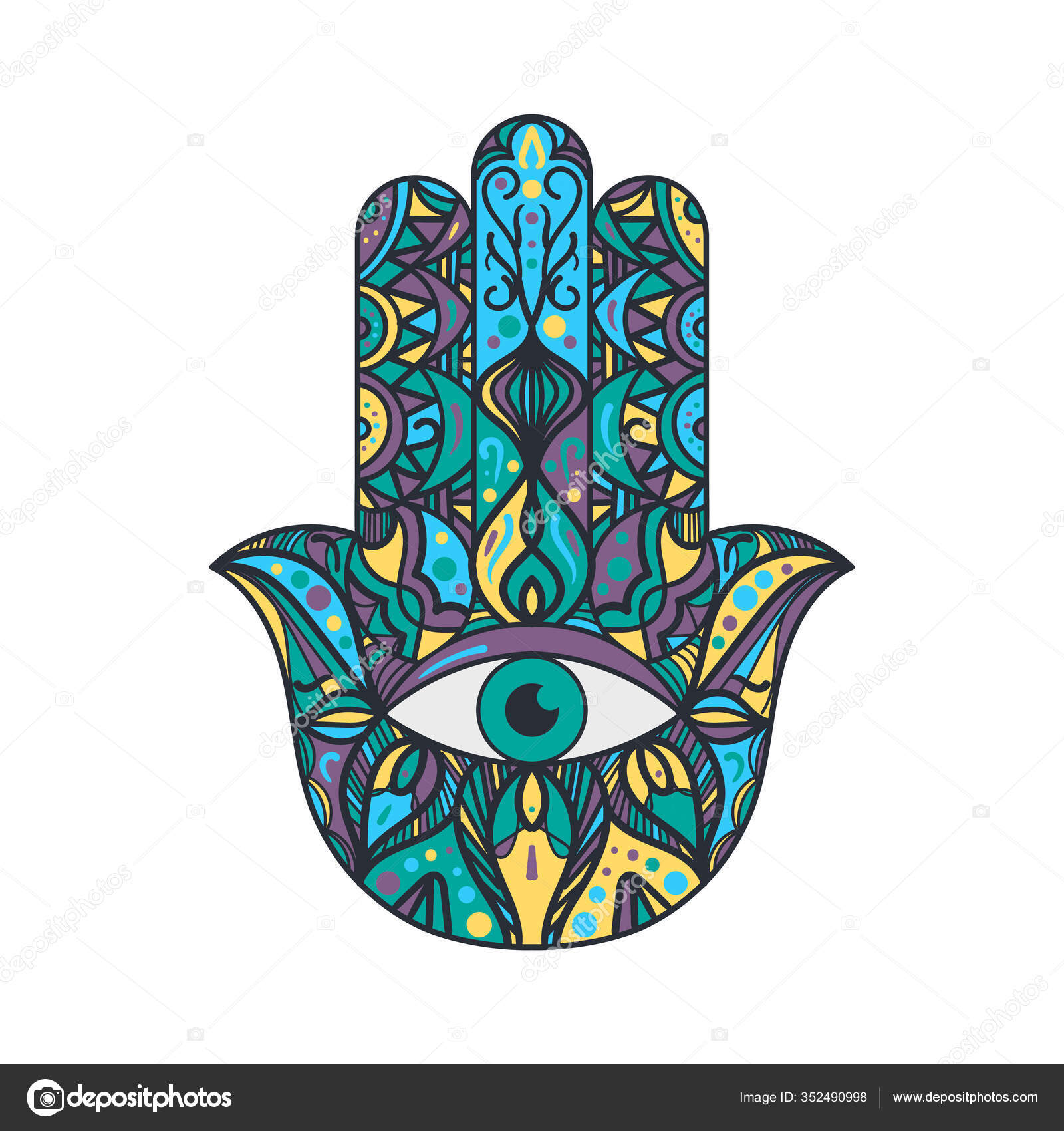 哈姆萨法蒂玛手宗教塔里斯曼彩色标志孤立在白色背景优雅的花卉东方元素保护免受魔鬼的侵害波希米亚风格模板矢量平面插图中的设计, image size:1600x1700