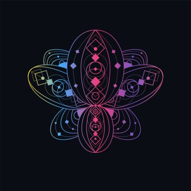 Geometrik desenli nilüfer çiçeği vektör doğrusal çizimi. Oryantal çiçekli gradyan sembolü