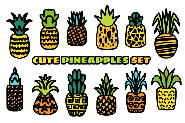 Set Illustrazione Vettoriale Ananas Disegnato Mano Raccolta Frutti Tropicali Isolati — Vettoriale Stock