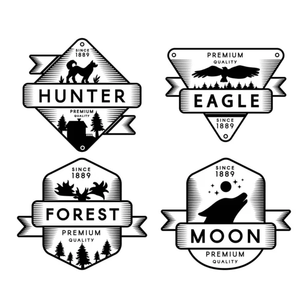 Flying Eagle Hunter Moon Forest Set Logo Inglés Colección Marca — Vector de stock
