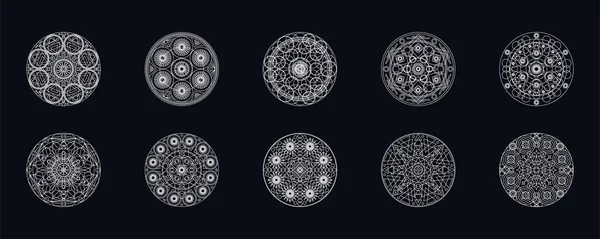 Prata geométrica mandala lineart ilustração isolada em preto — Vetor de Stock