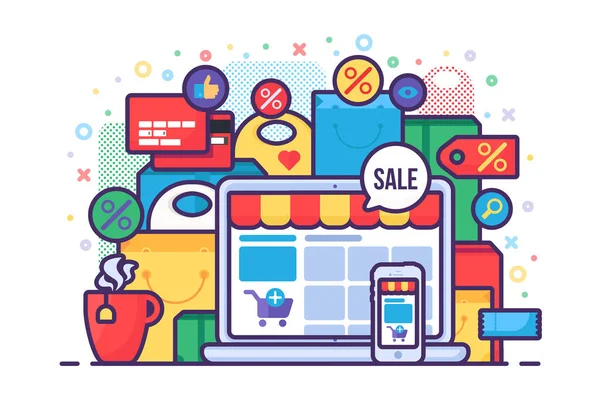 Online Shopping Konzept Für Den Einzelhandel Laptop Moderner Service Internet — Stockvektor