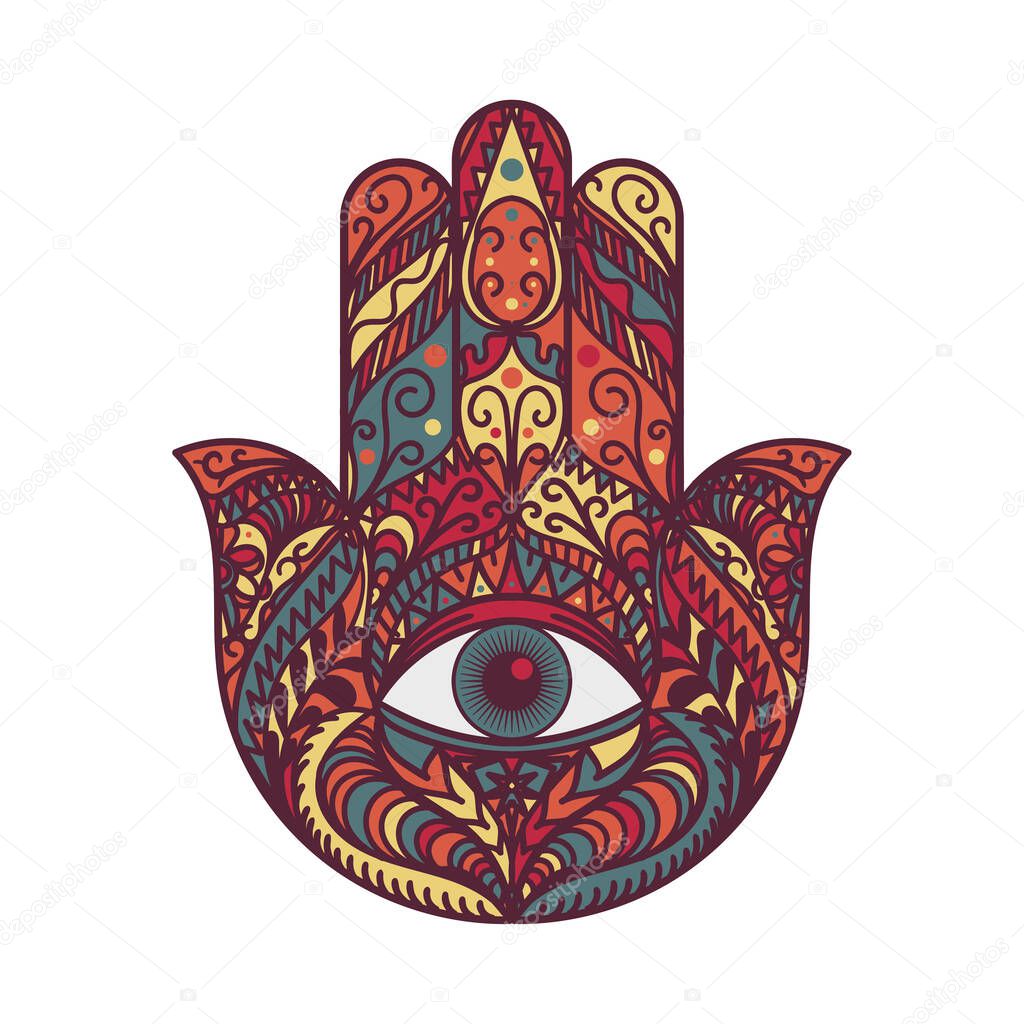 Hamsa Fatima Hand Tradition Amulet Colored Symbol Isolated on White Background. Indian Religious Sign with All Seeing Eye Ethnic Ornaments. Talisman Bohemian Style Mockup Vector Flat Illustration