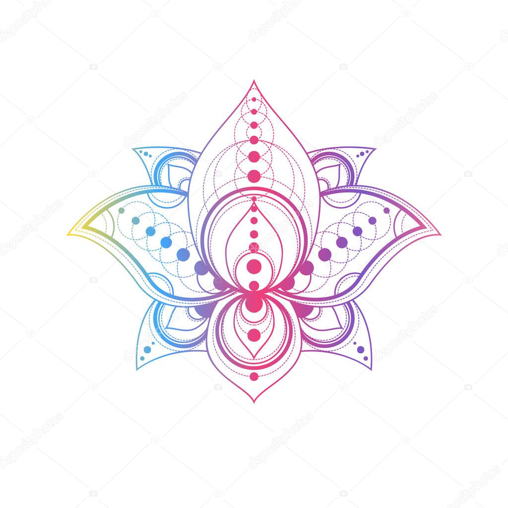 Lotus flower with geometric pattern vector linear illustration. Oriental floral gradient symbol