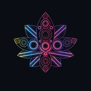 Geometrik desenli nilüfer çiçeği vektör doğrusal çizimi. Oryantal çiçekli gradyan sembolü