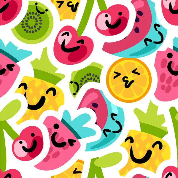 Frutas Emoji Pegatinas Patrón Vectores Sin Costura Caricatura Cereza Kiwi — Vector de stock