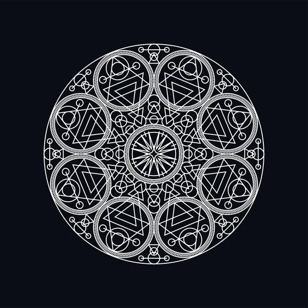 Illustration linéaire mandala géométrique argentée isolée sur noir — Image vectorielle