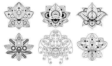 Geometrik süslemeli nilüfer çiçeği, doğrusal çizimler ayarlandı. Hint kutsal sembolleri.