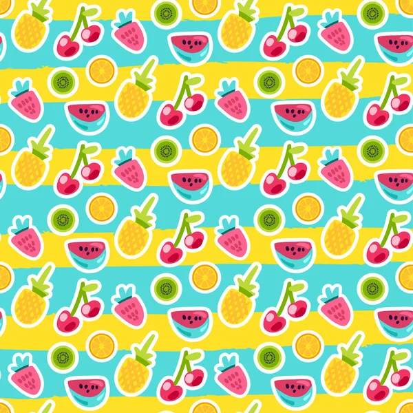 Doodle Vruchten Naadloze Vector Patroon Kiwi Watermeloen Aardbeien Stickers Gestreepte — Stockvector