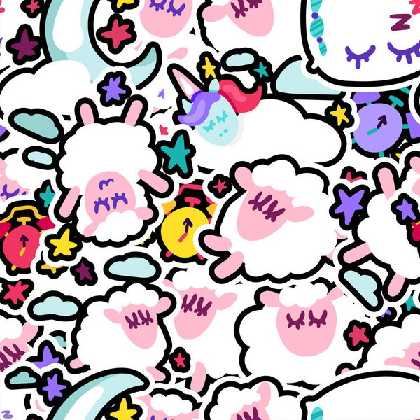 Night rest, bedtime vector seamless pattern. Wallpaper with cute sleeping animals cartoon design