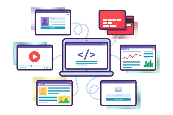 Ilustración Vectores Desarrollo Web Programación Tecnología Internet Industria Informática Alojamiento — Archivo Imágenes Vectoriales