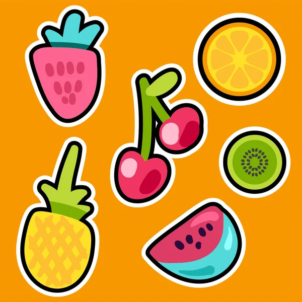 Frukt Doodle Färg Klistermärken Set Ananas Vattenmelon Kiwi Apelsin Körsbär Stockvektor