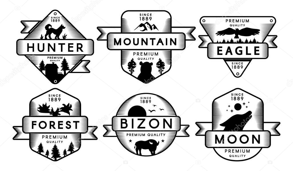 Collection Labels Animals and Nature Set Logo. Black and White Trademarks Hunter and Mountain, Eagle and Forest, Bizon and Moon Monochrome Drawn Logotype Layout Vector Flat Illustrations