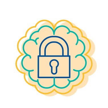 Simgeyi İnsan Beyni Arkaplanı 'na kilitle, Temperament İşaretini tersine çevir. Kapalı Asma Kilit İşareti İnce Hat Vektör İllüstrasyonu. Veri ve Gizlilik Koruma Sembol Tasarımı