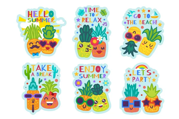 Hello Summer Stickers Set. Cute Cards Collection with Tropical Holiday Elements. Colorful Patches with Funny Cartoon Pineapples. Summer Vacation, Travel, Party and Recreation Concept