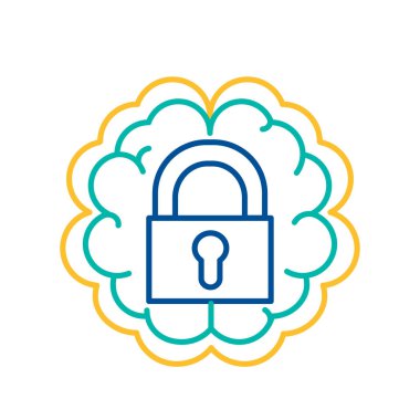 Simgeyi İnsan Beyni Arkaplanı 'na kilitle, Temperament İşaretini tersine çevir. Kapalı Asma Kilit İşareti İnce Hat Vektör İllüstrasyonu. Veri ve Gizlilik Koruma Sembol Tasarımı