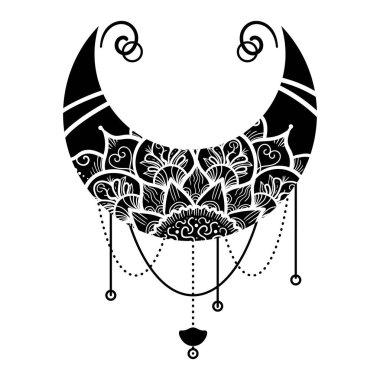 Mandala Çiçek Süsleme Eli ile Ay izole edildi. Geleneksel İslam, Arap, Hint Etnik Dekorasyonlarında Tek Renkli Hilal Doğulu Desen, Vektör İllüstrasyonu