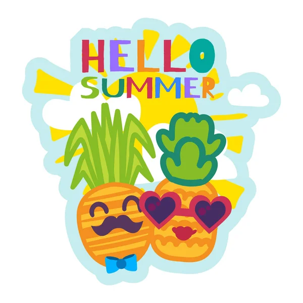 Hello Summer Sticker Cute Cartoon Pineapples Красочный Смешной Патч Isolated — стоковый вектор