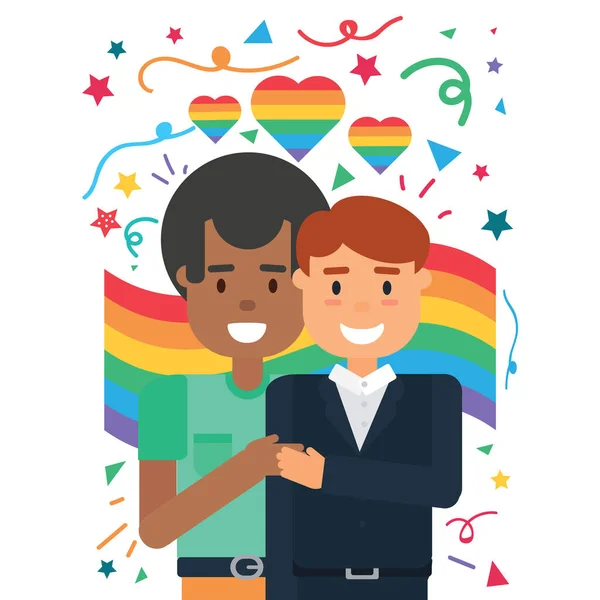 两个不同的同性恋伴侣拥抱并牵着手 幸福的一对恋爱中的男男女女站在Lgbt彩虹背景矢量图上 同性爱情保护和平等概念 — 图库矢量图片