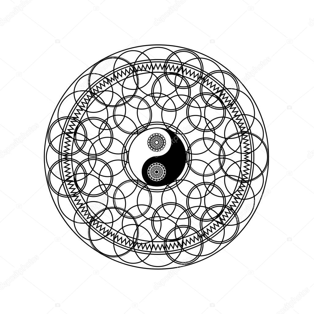 Yin Yang Symbol in Eastern Geometric Pattern Circle Isolated on White Background Vector Illustration. Traditional Mandala Sign for Yoga or Meditation Concept