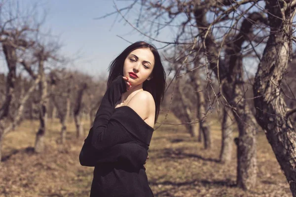 Brunette dans un verger de pommes de printemps — Photo