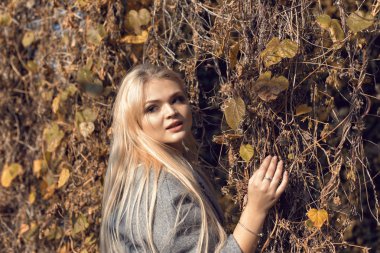 Parkta güzel bir sarışınla sonbahar yürüyüşü