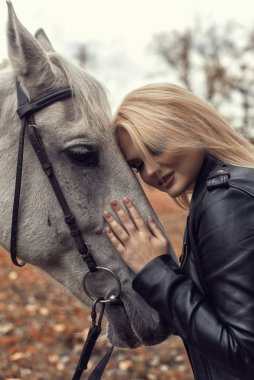 Parkta bir atla sonbahar fotoğraf çekimi.