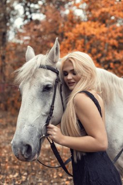 Parkta bir atla sonbahar fotoğraf çekimi.