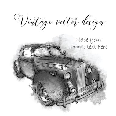 Elle çizilmiş vintage kartpostal. Suluboya Lekeleri ile soyut arka plan üzerinde bir araba. Vektör çizimi