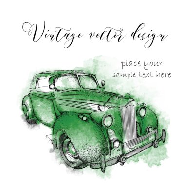 Elle çizilmiş vintage kartpostal. Suluboya Lekeleri ile soyut arka plan üzerinde bir araba. Vektör çizimi