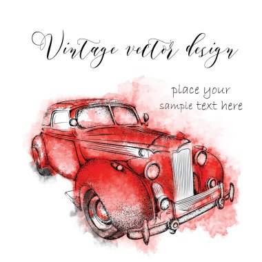 Elle çizilmiş vintage kartpostal. Suluboya Lekeleri ile soyut arka plan üzerinde bir araba. Vektör çizimi