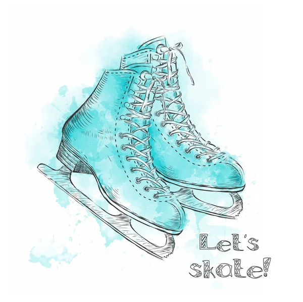 Tarjeta de vacaciones de invierno acuarela con skate de dibujos animados de patines de hielo. Dibujar a mano ilustración — Vector de stock