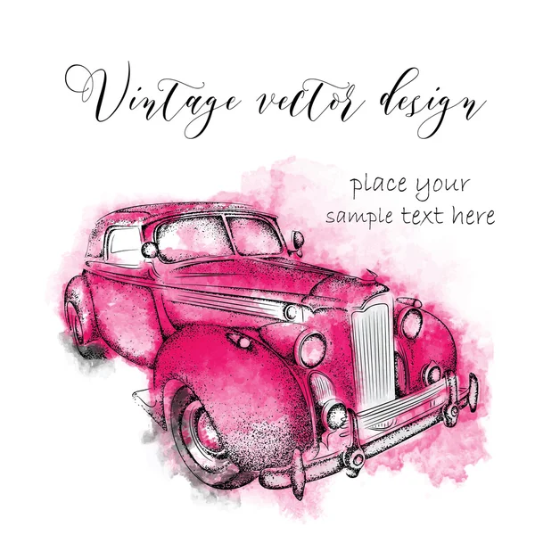 Cartão postal vintage desenhado à mão. Um carro em fundo abstrato com manchas de aquarela. Ilustração vetorial —  Vetores de Stock