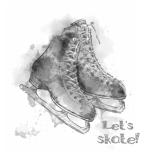 Tarjeta de vacaciones de invierno acuarela con skate de dibujos animados de patines de hielo. Dibujar a mano ilustración — Vector de stock