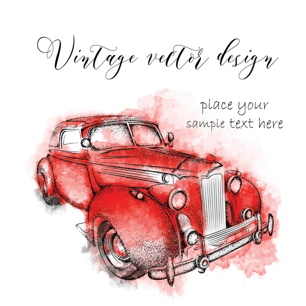 Cartão postal vintage desenhado à mão. Um carro em fundo abstrato com manchas de aquarela. Ilustração vetorial —  Vetores de Stock
