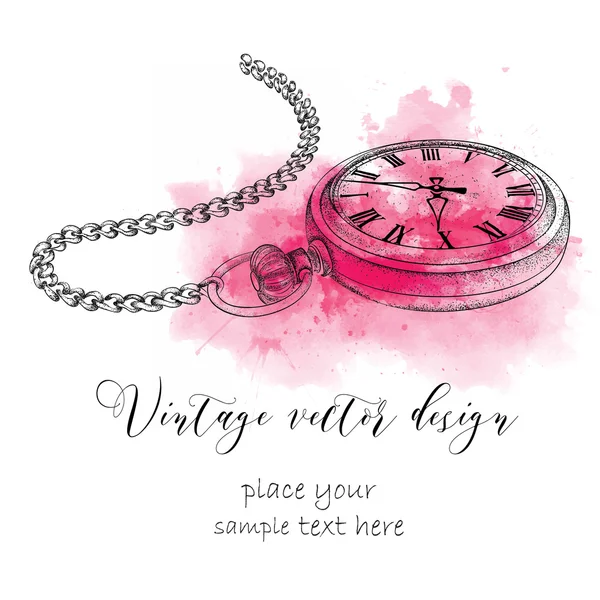 Hand drawn vintage postcard. A pocket watch on abstract background with Watercolor Stains Royalty Free Stock Illustrations