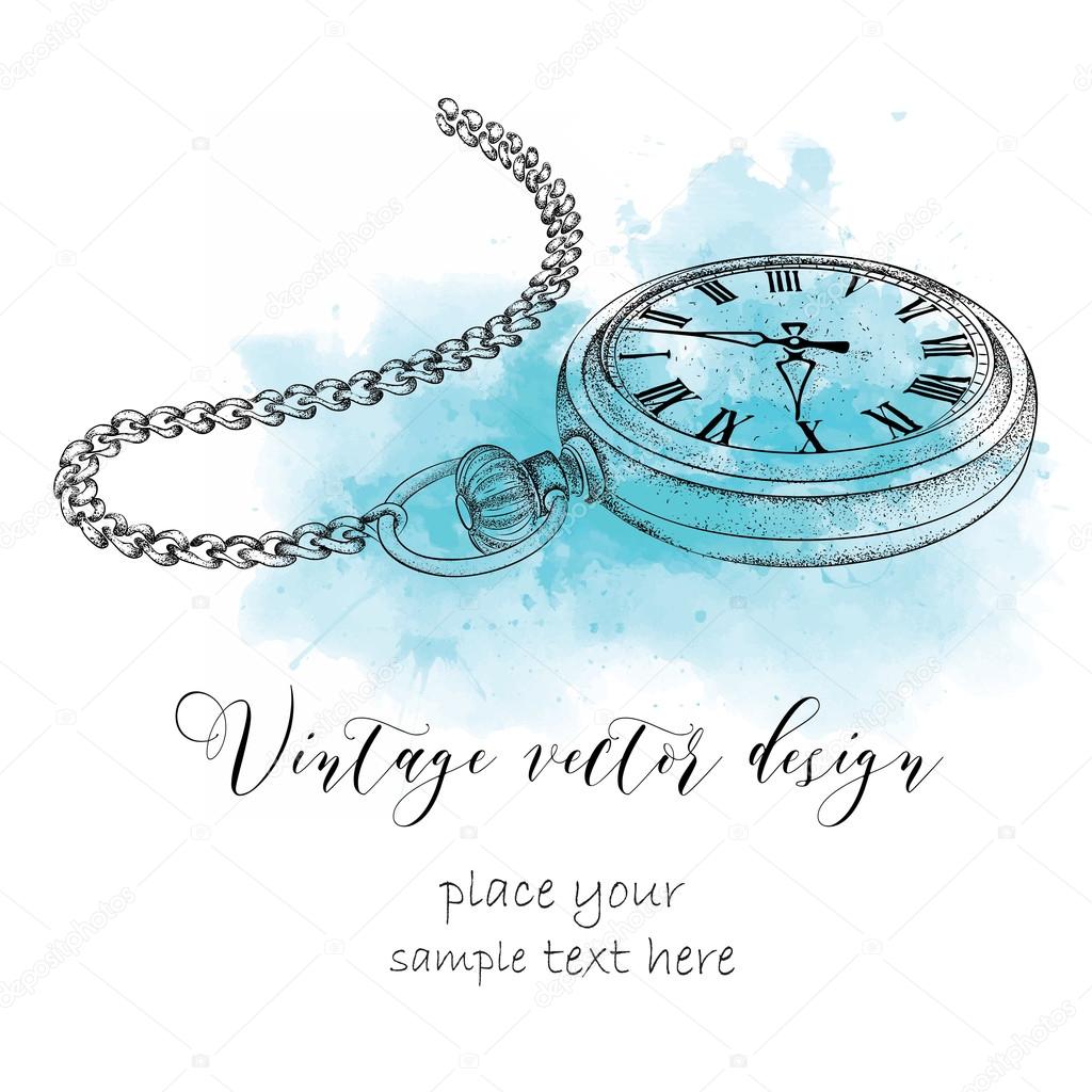 Hand drawn vintage postcard. A pocket watch on abstract background with Watercolor Stains