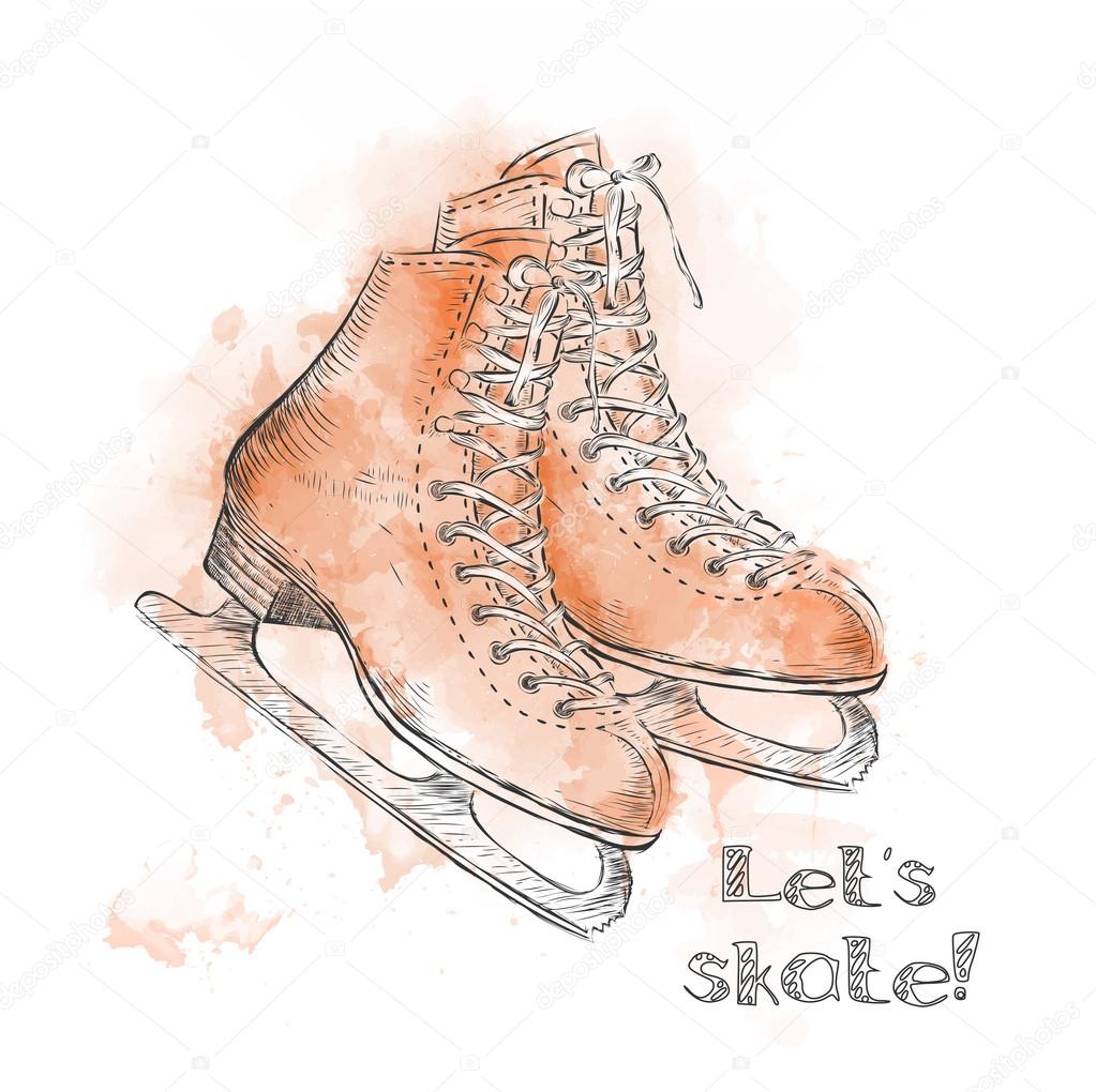 Watercolor winter holidays card with ice skates cartoon sketch. Hand draw illustration