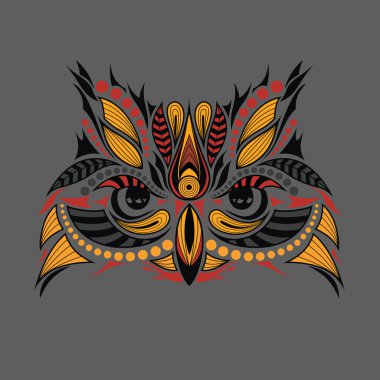 Baykuşun desenli renkli kafası. Afrika / hint / totem / dövme tasarımı. Bir t-shirt, çanta, kartpostal ve poster tasarımı için kullanılabilir.