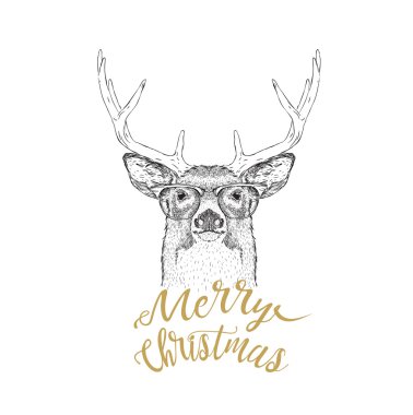 Geyik ile Noel kartı. Tasarım yazı mutlu Noeller. Vektör çizim