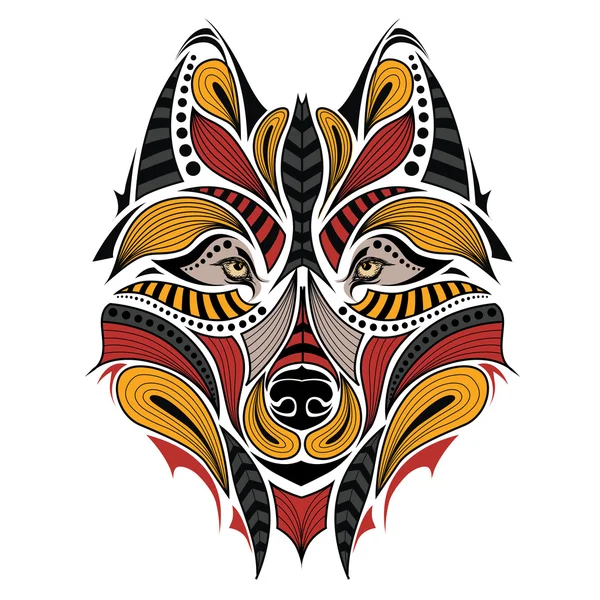 Wzorzyste kolorowe głowy wilka. Afryki / indian / totem / tattoo design. Może służyć do projektowania t-shirt, torba, pocztówki i plakat. — Wektor stockowy