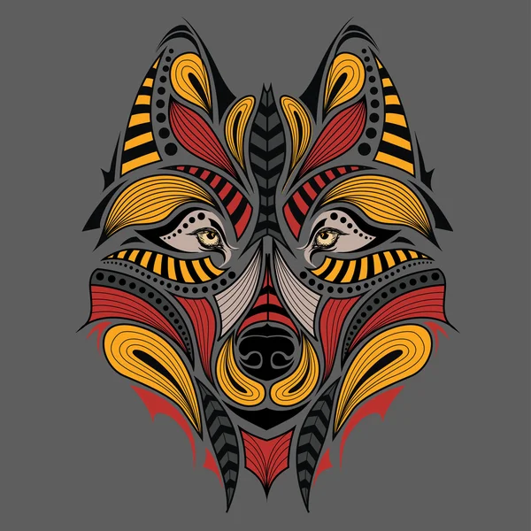 Vzorované barevné hlavu vlka. Africké / indické / totem / tetování design. Může být použita pro design, tričko, tašku, pohlednice a plakát. — Stockový vektor