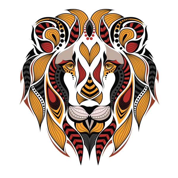 Testa colorata a motivi geometrici del leone. Disegno africano / indiano / totem / tatuaggio. Può essere utilizzato per la progettazione di una t-shirt, borsa, cartolina e poster . — Vettoriale Stock