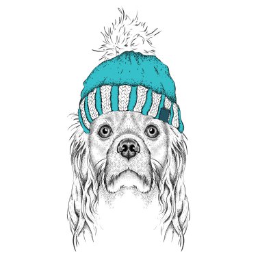 Noel poster kış şapka görüntü köpek portre ile. Vektör çizim.