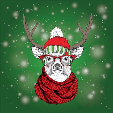Kış şapka geyik ile Noel kartı. Tasarım yazı mutlu Noeller. Vektör çizim
