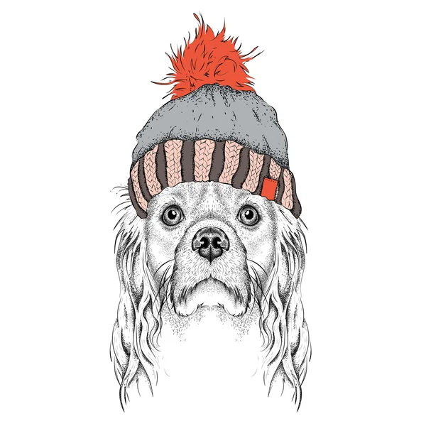 O cartaz de Natal com o retrato de cão de imagem em chapéu de inverno. Ilustração vetorial . — Vetor de Stock