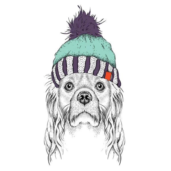 Рождественский плакат с изображением собаки в зимней шляпе. Векторная иллюстрация . — стоковый вектор