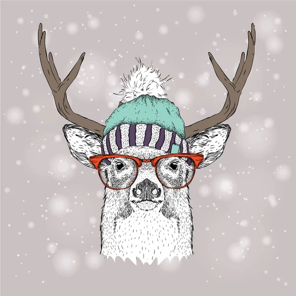 圣诞贺卡与鹿在冬天的帽子。字体设计的圣诞快乐。矢量图 — 图库矢量图片
