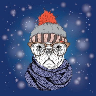 Noel poster kış şapka görüntü köpek portre ile. Vektör çizim.