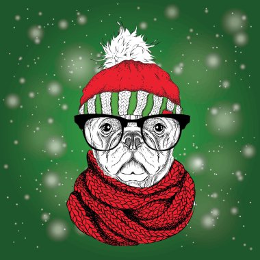 Noel poster kış şapka görüntü köpek portre ile. Vektör çizim.